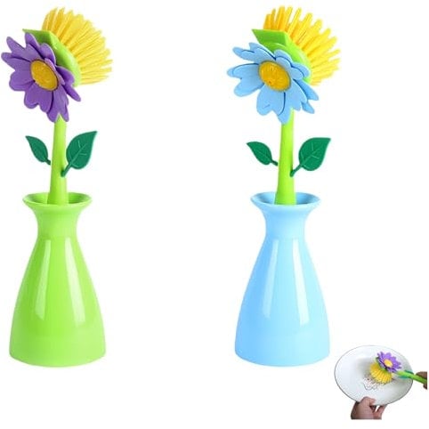 Vyloky Flower Shaped Dish Brush Set - With Handle & Stand, Gentle on Non-Stick Pans, Pots & Sinks (Green/Blue Combo)