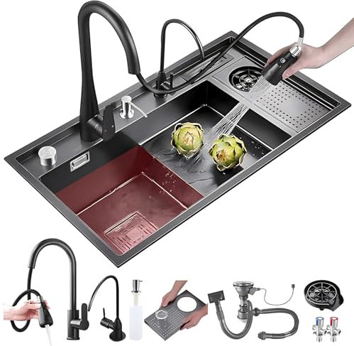 ATHOMASM 86x50cm Fregadero de Acero Inoxidable Escalonado para Cocina - 1 Seno con Lavavajillas Integrado, Grifo Extraíble + Dispensador de Jabón | Ideal Bares, Tiendas y Estaciones de Trabajo