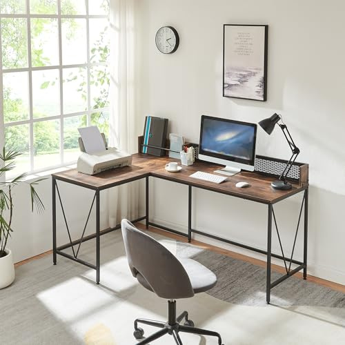 [en.casa] Bureau d'angle avec Panneau Arrière Surface de Rangement avec Barre pour Carnets Table Design Industriel Acier Laqué Panneau de Particules 165 x 110 x 90 cm Noir Effet Noyer