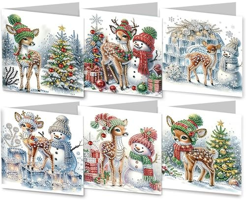 JSRQT 5D DIY Diamond Art Painting Karten mit Umschlag Weihnachtskarten Grusskarten Handgefertigte Schneemann Rentier Diamant Malerei Grußkarte Strass Handwerk Schöne Christmas Greeting Cards