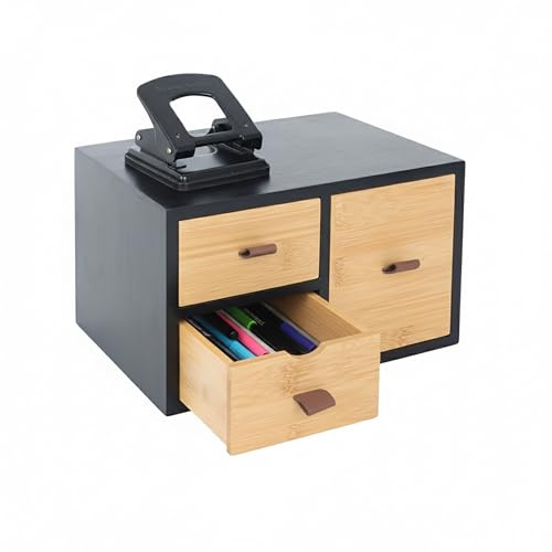 Relaxdays Bamboo & MDF Drawer Box, 3 Drawers, Loops, HWD: 15x25x20 cm, Desk Organiser, Black/Natural