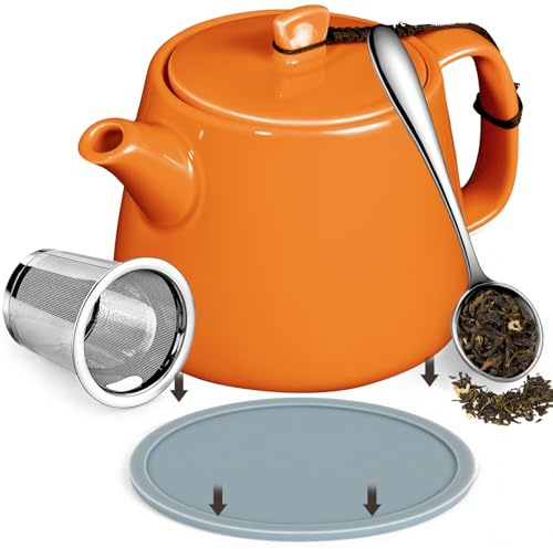 Brew To A Tea Handmade Porcelain Teapot with Infuser, 600ml/20.29oz Heat-Resistant Stump Teapot for Loose Leaf Tea, Includes Removable Strainer, Spoon & Coaster