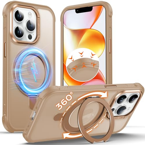 Anqrp 360°-Dreh-Magnetständer Case für iPhone 13 Pro Hülle, [rutschfeste Kante] Stoßfeste Stoßstange in Militärqualität, durchscheinende Matte Handyhülle, Hellbraun