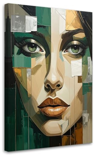 Feeby Leinwand Bilder - Bild Wohnzimmer - Frau Porträt Grün - 70x100 1tlg - Deko Schlafzimmer Groß - Dekoration Canvas - Gemälde - Modern Wandbilder - Kunstdruck