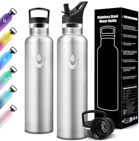 Motswedi Gourde Isotherme 1l, avec Paille, Bouteille Isotherme, Anti-Fuite, Thermos, Poignée de Transport, Gourde Inox, Réutilisable, Thermos 1l pour Voyage, Camping, Sport, Acier Inoxydable