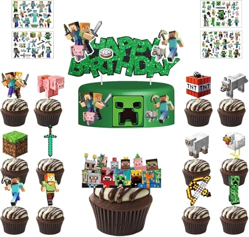 26 Stück Tortendekoration Cake Topper Set + 4 Blätter Temporäre Tattoos für Kinder, Kuchen Deko, Muffin Deko, Tortenaufleger Cupcake Topper Deko, Kindergeburtstag Party Geburtstag Deko