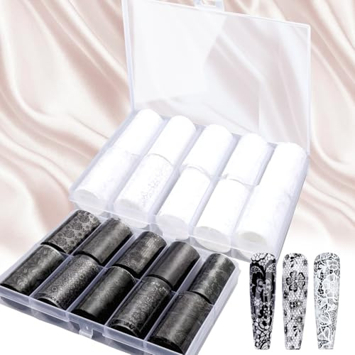 JSRQT 20 Rolls Nail Foils Transfer Sticker, Lace Nail Foil Glue White Black Flower, Foil Wraps Art Stickers Decals, Self-Adhesive Transfer Sticker for Women, DIY Starry Sky Manicure Decoration