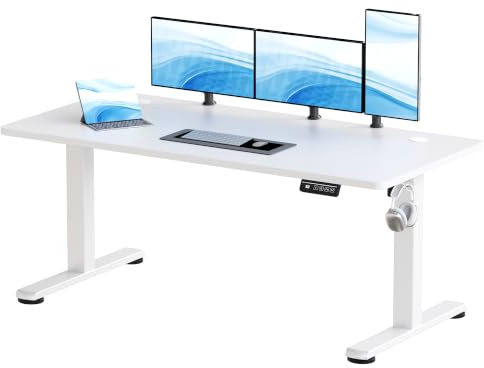 JUMMICO Höhenverstellbarer Schreibtisch 160x60cm, Elektrischer Schreibtisch mit 2 Speicherplätzen, Standing Desk mit 2 Memory Funktion Computertisch mit Kabeldurchführung und Haken, Weiß
