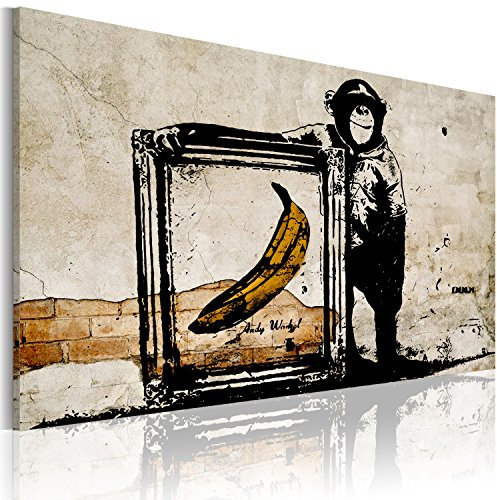 B&D XXL - Wandbilder XXL Banksy Monkey Framed Warhol Banana 120x80 cm 1 tlg - Wand Deko Vlies Leinwand Bilder Groß Wanddeko Wohnzimmer Schlafzimmer Kunstdrucke - Graffiti Mural Street Art