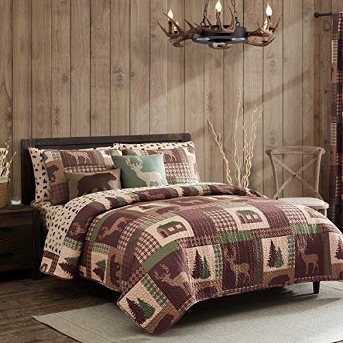 How Plumb Quilt 2 oder 3-teiliges Set Rustikal Kabine Lodge Deer und Bär Überwurf Tagesdecke, Polyester-Mischgewebe, Green, Brown, Tan, Twin