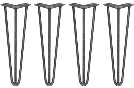 4 x Haarnadelbeine/Haarnadelbeine, Set mit Ski-Beinen für Möbel, Schreibtisch, Bank, Stuhl, Tisch, 3 Zinken, 12 mm Rohstahl und Schutzfüßen.