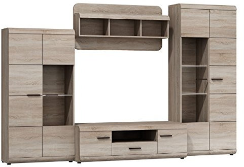 Mirjan24 Wohnwand Emily Wohnzimmerschrank TV-Element Vitrine Schrankwand Anbauwand Wandregal TV-Lowboard (Sonoma Eiche, ohne Beleuchtung)