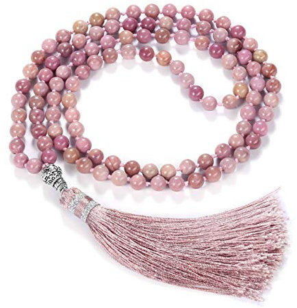 CrystalTears 108 Perlen Edelstein Yoga Buddha Armband Chakra Wickelarmband Tibetische Gebetskette Healing Reiki Mala Kette Halskette (Eine Farbe-Rhodochrosit)