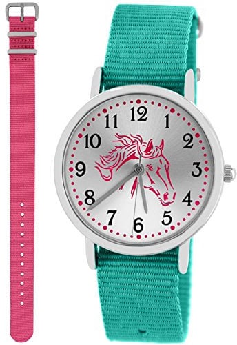 Pacific Time Mädchen Armbanduhr Uhr Pferd Pferdemotiv analog Quarz 2 Textilarmband 10032 Türkis Rosa