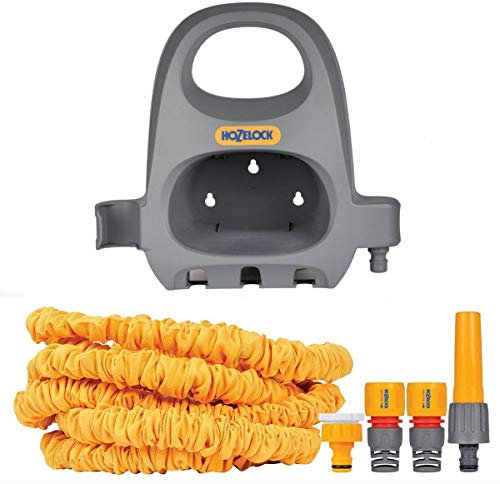 HOZELOCK - Flexibler ausdehnbarer Gartenschlauch Superhoze 15 M: dehnt sich auf das 3-fache seiner ursprünglichen Länge aus, mit 2 Aquastop-Anschlüssen und Wandhalterung [8215 9000]