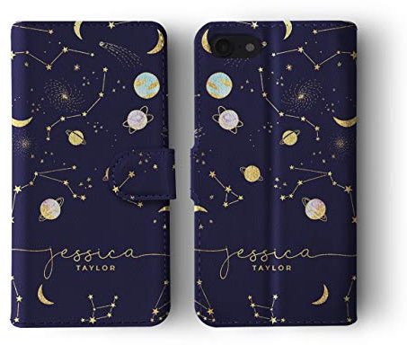 Tirita Personalised Initials Custom Wallet Leather Flip Phone Case Compatible with iPhone Xr PRINTED GLITTER, NOT REAL GLITTER Space Stars Moon Planets Navy Blue Constellation