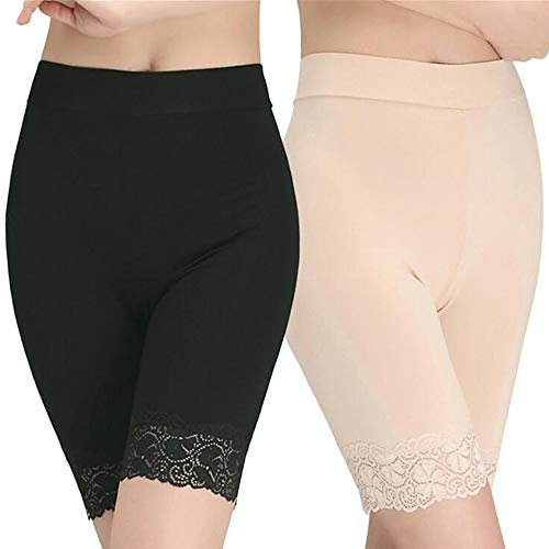 Damen Basic Unterhose mit halblangem Bein, Anti-Scheuern, Baumwolle, Shorts, halblanges Bein, Höschen, weiche Boxershorts, Unterwäsche Gr. One size, Haut+Schwarz