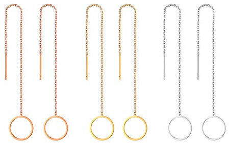 JewelryWe Schmuck 3 Paare Durchzieher Ohrringe Edelstahl Rund Kreis Lange Kette Einfädler Ohr Linie Ohrhänger für Frauen Mädchen, Silber Gold Rosegold