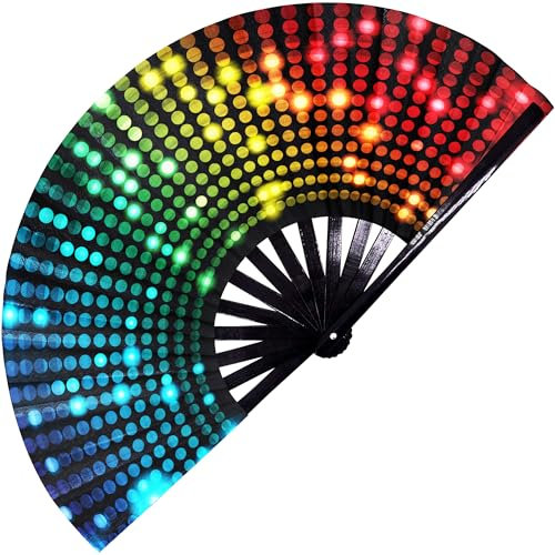 SoJourner Bags Bright Lights Rave Fan - Large Folding Clack Fan for Men and Women - Rave Accessories for EDM, Line Dancing, Cosplay, Concerts and More