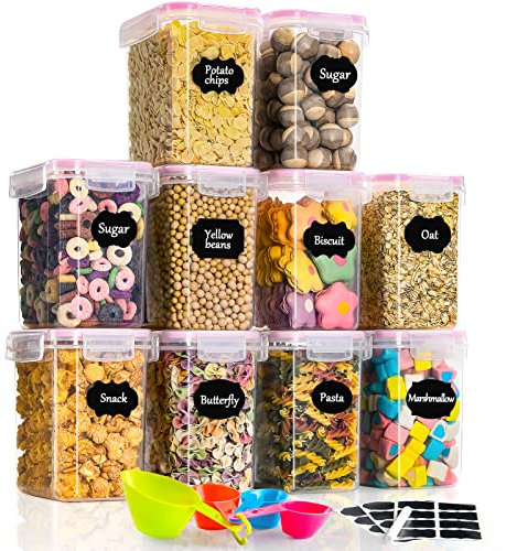 GoMaihe 1.6L Vorratsdosen 10 Set, Aufbewahrungsbox Küche Luftdicht Behälter aus Plastik Mit Deckel, Vorratsgläser zur Aufbewahrung Nudeln, Müsli, Reis, Mehl, und für Futter Haustiere, Rosa, MEHRWEG