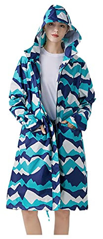 Freesmily Damen Stilvoller langer Regenmantel mit wasserdichter Regenjacke mit Kapuze (Bergblau, L)