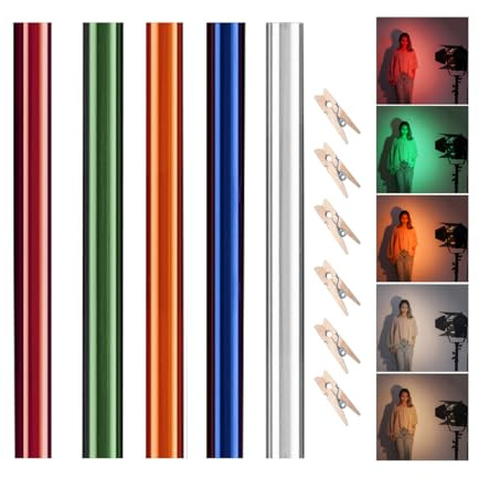 40x50cm/16x20in Lighting Gels with Clips, Photo Studio Light Gel Filters Sheet Transparent Color Correction Daylight Conversion for Red Head Light Strobe Spotlight Flash Photography CTO CTB, 5 Colors