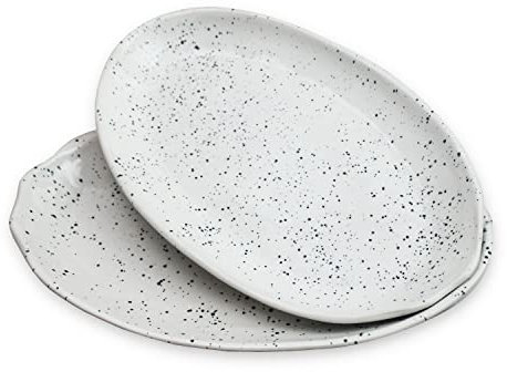 roro Ceramic Stoneware Handmade Glossy Speckled Spotted Oval White Dinner Plates set of 2, for dining and serving
