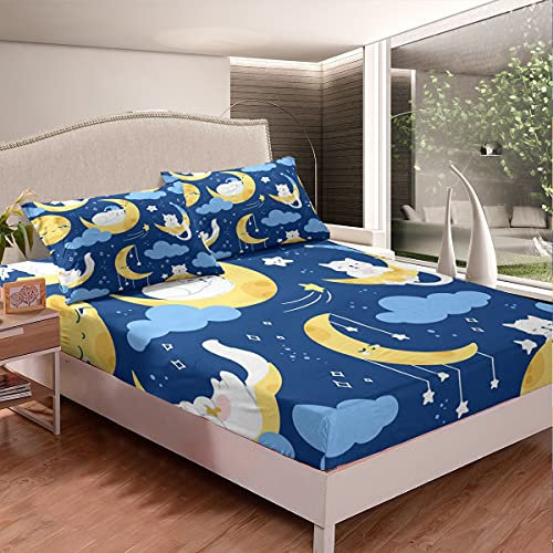 Katze Spannbetttuch Kinder Niedlich Kitten Stern Mond Spannbettlaken 90x200cm Gute Nacht Universum Galaxis Bettlaken Set für Mädchen Zimmer Dekor Leicht mit 1 Kissenbezug