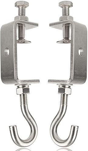 Foxwake 2 9/16In Stainless Steel Small C Clamps + Heavy Duty Metal Threaded Hanging Screw Hook/Open Cup Bolt Hook, With Stable Wide Jaw Opening&Protective Pad/I-Beam Design (2PCS)