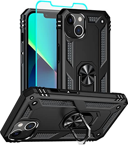 Aozuoton for iphone 13 Phone Case with HD Screen Protector, [Military Grade 16ft. Drop Tested] Ring Shockproof Protective Phone Case for iphone 13,Black