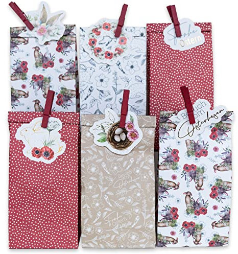 Papierdrachen 12 bedruckte Geschenktüten zu Ostern - Aquarell - Geschenkidee oder Dekoration - mit Holzklammern und 2 Bögen mit rosegoldfolierten Stanz-Anhängern | Osternest zum Basteln - Set 11