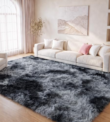 MARATIP Teppich Wohnzimmer Batik Dunkelgrau 120x160 cm Flauschig Weich | Hochflor-Teppich, waschbar, rutschfest, kuschelig. Ideal für Schlafzimmer, Arbeitszimmer und Kinderzimmer.
