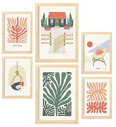 Nacnic Set de 6 Posters Minimalismo en Colores Vibrantes. Casa de la Playa. Láminas de Paisajes y Naturaleza para el Diseño y Decoración de Interiores. Tamaños A3 & A4, Marcos Color Madera.