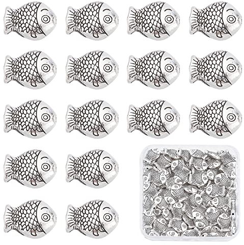 SUNNYCLUE 1 Box 100 Stück Silber Fisch Perlen Fisch Zwischenperlen Doppelseitig Fisch Charme Tibetischen Stil Legierung Ozean Tier Lose Perlen Für Schmuckherstellung Kits Frauen Erwachsene DIY Armband