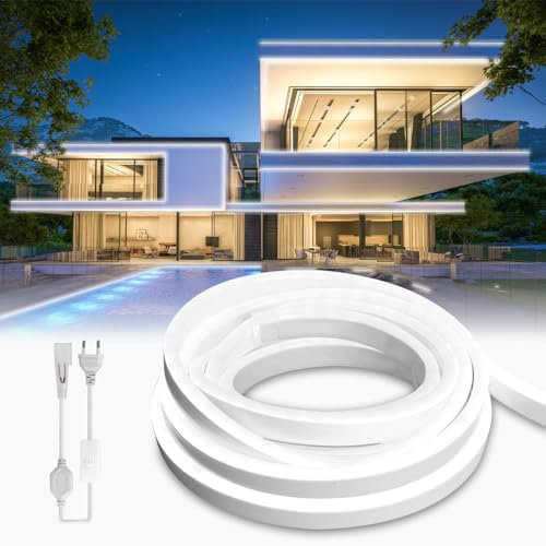 BRIMETI Neon LED Streifen 5M Aussenbereich, LED Strip Wasserdicht 230V Outdoor 120 LED/M Flexibler Lichtband für DIY Flexibel Lichtleiste mit Netzteil und Controller für Innen Heim Küche Deko (Weiß)