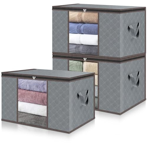 unycos - Cajas para Almacenaje de Ropa x 3【90L】 Bolsas Plegables con Ventana Transparente, Doble Cremallera y Asas Reforzadas, Organizador de Toallas, Edredones, Juguetes | Hasta 13 kg (Grey/Coffee)