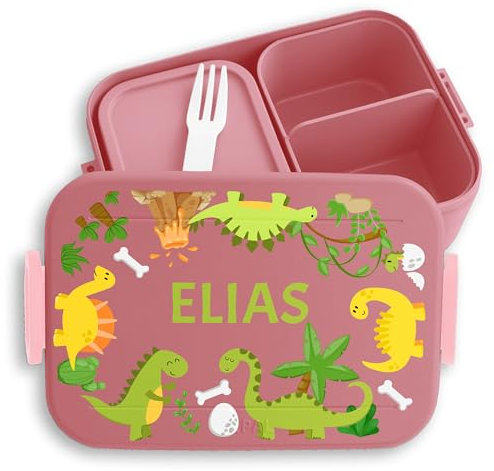 Kinder Bento Box Midi für Mepal Bentobox - Brotbox Dinosaurier Lunchbox Dino Vesperbox Dinosaurus I - 900 ml - Rosa - brotdose name kinderbrotdosen kindergarten t-rex vulkan