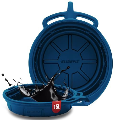 slidefix Ölauffangwanne für Ölwechsel 12cm Höhe Ölwechselbehälter, Kunststoffwanne mit Ausguss & Halterungen. Ölablasswanne aus Kunststoff 15l für Öl-Wechsel Altöl Auffangwanne, robuste Ölwanne blau.