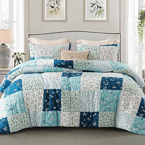 Whale Flotilla Coverless King Duvet Set, Patchwork Floral Printed Breathable King Comforter Ultra Soft Polyester Reversible Bedding Set with 2 Pillow Shams for winter, 220×230CM, Blue