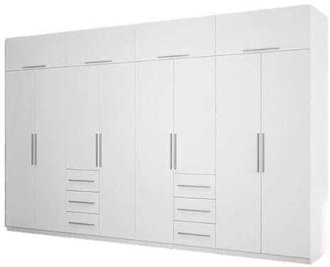 e-Meblast Moderner Kleiderschrank 360x220 cm - Geräumiger, praktischer Schrank mit Kleiderstange, Ablagen, Schubladen - Garderobe, Schlafzimmerschrank für Schlafzimmer, Ankleidezimmer - Weiß