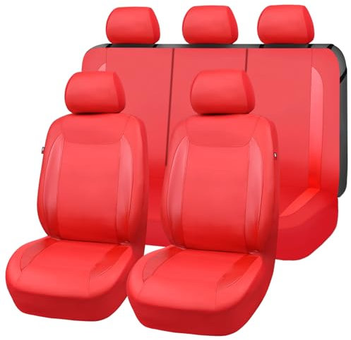 Flying Banner Universal Carbon Fibre Leather Car Seat Covers Airbag Compatible Seat Protector (Full Set, All Red)
