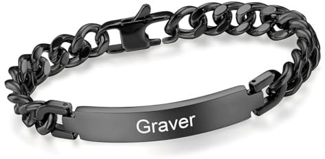 XUANPAI Herren Armband Personalisierte Edelstahl - Silber Panzerkette Armband Hip Hop Rapper Armkette Modeschmuck mit Gravur, Armband mit Namen für Männer (Schwarz (BR-069), Personalisierte)