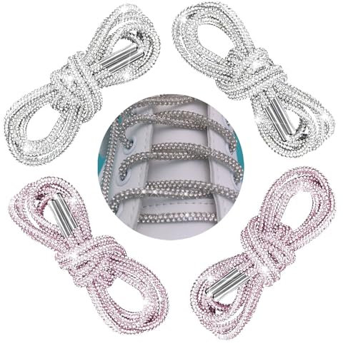 2 Paia Lacci Tondi In Strass,Lacci Scarpe Lucidi Scintillanti Con Strass,Adatto per fai da te Jogger Pantaloni Sneakers Stivali Felpa con cappuccio Abito Scarpe da ginnastica decorative(Argento+Rosa)
