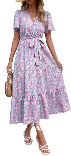 MASCOMODA Robe longue d'été à pois suisses pour femme, col en V, manches courtes, style bohème, décontracté, fluide et fluide