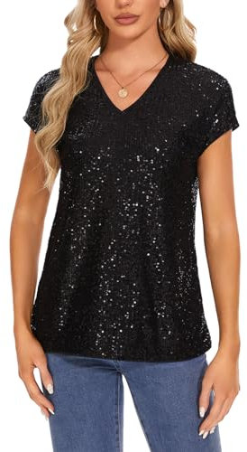 MINTLIMIT Women's Sparkle Sequin Tops Shimmer Glitter V Neck Party Top Short Cap Sleeve (Black L)