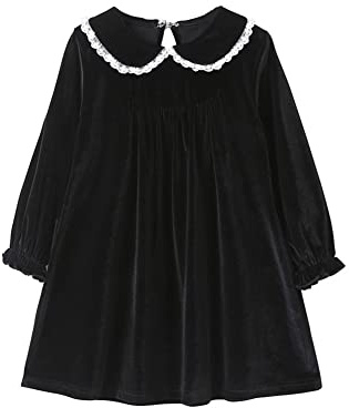 Mud Kingdom Girls Dress Peter Pan Collar Lace Trim Velvet Dresses Long Sleeve A-Line Dress Elastic Cuffs Ages 2-10 Years