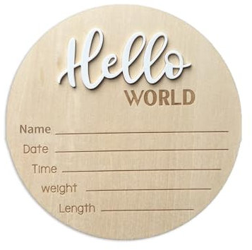 Schild mit Aufschrift Baby Announcement, 15 cm, aus Holz, Aufschrift Hello World, Willkommensschild für Neugeborene