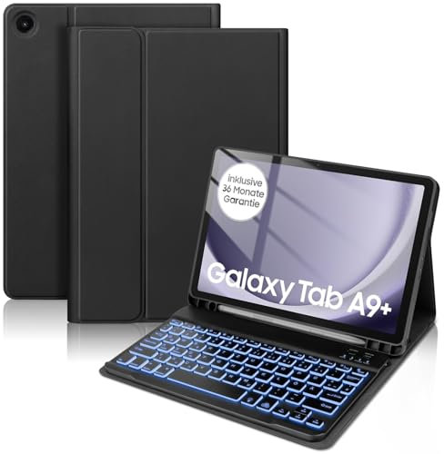 KTOITION Beleuchtete Tastatur Hülle für Samsung Galaxy Tab A9 Plus 11 Zoll 2023 Tablet SM-X210/X216/X218, Keyboard Cover mit Magnetisch Abnehmbarer Deutscher Bluetooth Tastatur, Schwarz