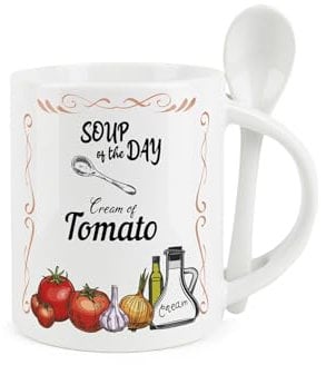 Soup Mug and Spoon Set - Cream of Tomato Soup of The Day - Ceramic White Soup Mug with Spoon in Handle