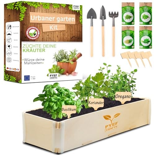 Kit Orto in Casa Erbe Aromatiche PYEF CRAFTS - Kit Giardinaggio per Piante Aromatiche Basilico, Origano, Prezzemolo e Coriandolo - Set Coltivazione per Orto da Balcone e Cucina